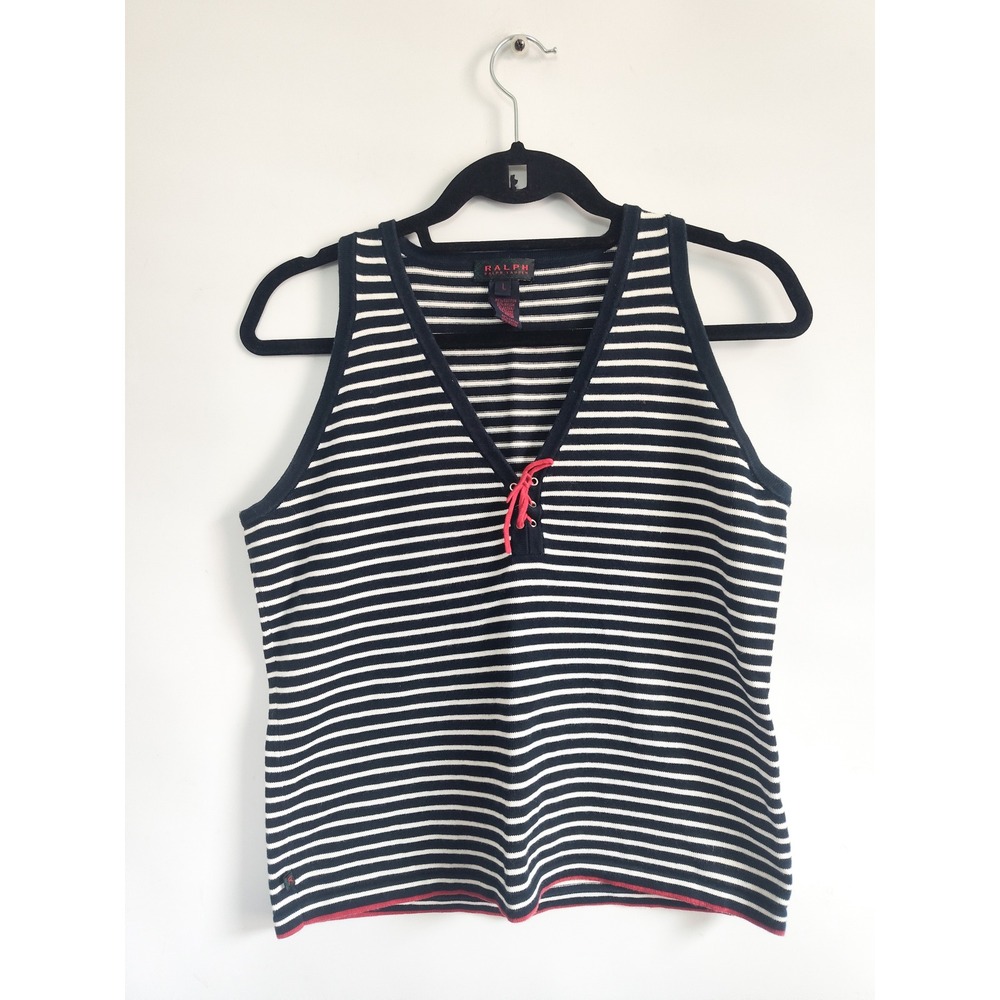 Vintage Ralph Lauren Tank Top Large 90s Navy White Striped Lace Up Knit V-Neck